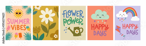 Playful summer poster collection featuring cute illustrations, flowers, sunshine, and colorful elements in a fun kids style. Perfect for children designs, greeting cards, social media content