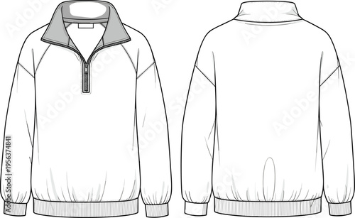 Half zip pullover sweatshirt technical drawing vector illustration front and back view minimal line art casual outerwear apparel design