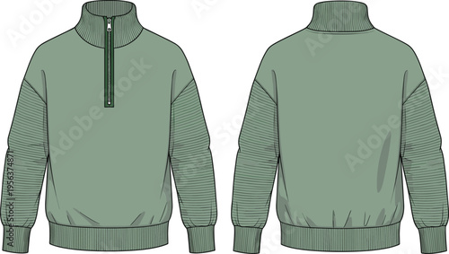Green half zip pullover sweatshirt vector illustration front and back view ribbed sleeve detail modern casual outerwear apparel design