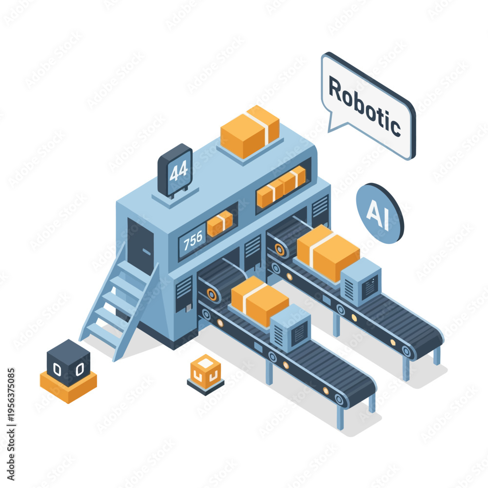 Fototapeta premium An isometric illustration of a robotic factory with AI technology and conveyor belts