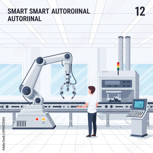 A man operates a robotic arm in a modern factory