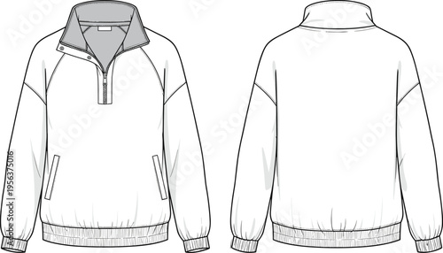 Half zip pullover jacket technical drawing vector illustration front and back view minimal line art apparel outerwear design