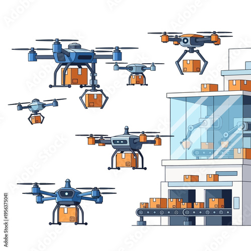 A modern illustration of drones delivering packages to a building