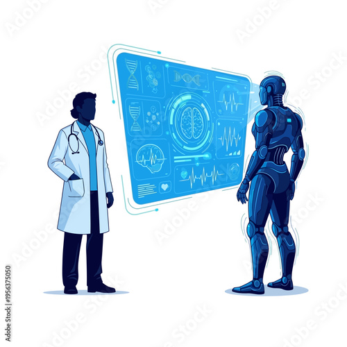 A doctor and robot discussing medical technology innovations