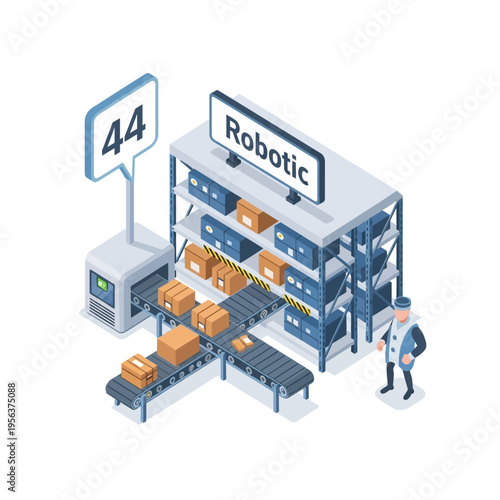 A man oversees robotic warehouse operations with efficiency