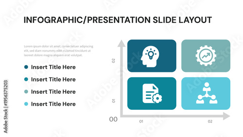 Infographic slide layout with quadrant matrix and business concept icons