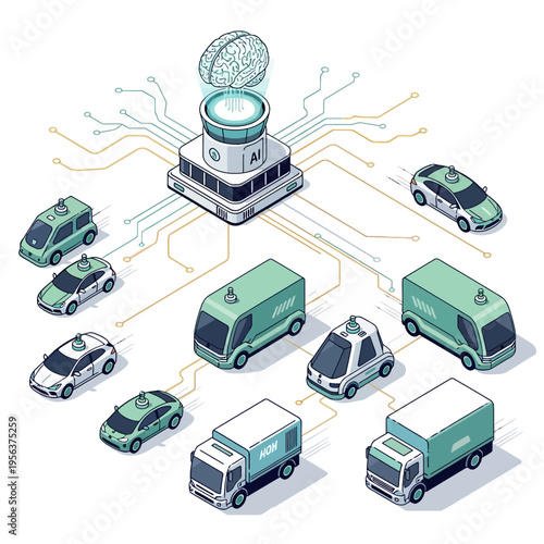 An illustration of autonomous vehicles connected to AI