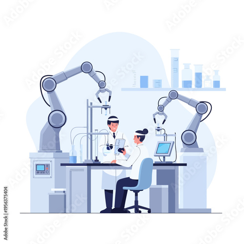 Two scientists working together in a modern laboratory with robotic arms