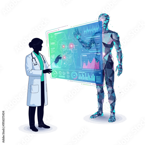 A doctor and robot interact with a futuristic medical interface