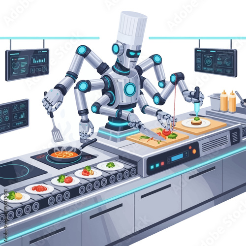 A futuristic robot chef cooking in a modern kitchen with various dishes and gadgets