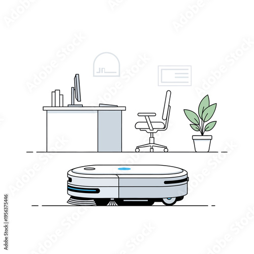 A modern office with a robot vacuum cleaner