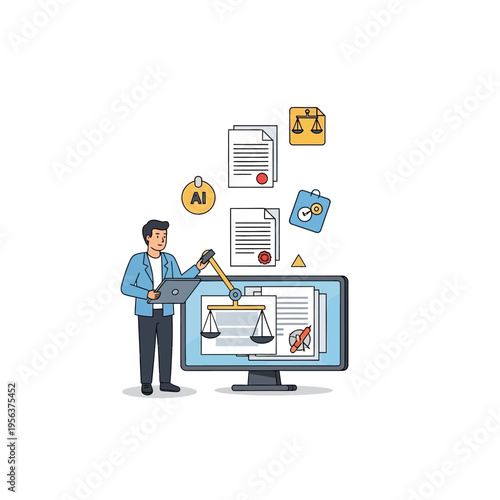 A man using a laptop and a hammer next to a computer with law symbols and AI icons floating above