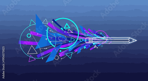 Abstract composition featuring a pencil surrounded by geometric shapes and vibrant colors