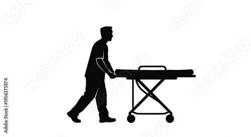 Silhouette of a healthcare worker pushing a patient on a stretcher