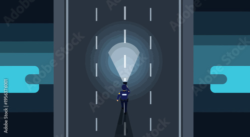 A solitary police officer patrolling an empty road at night with a flashlight beam cutting through