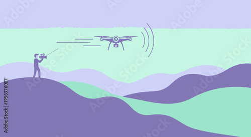 A stylized aerial exploration illustration featuring a drone operated over abstract hills