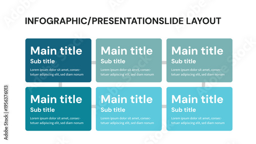 Modular presentation slide layout with six connected title blocks