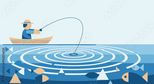 A stylized illustration depicting a fisherman in a boat casting his line into rippling water