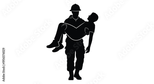Silhouette of a firefighter heroically carrying an unconscious person