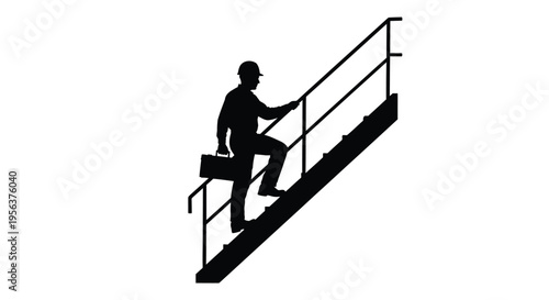 Silhouette of a man ascending a staircase with a briefcase
