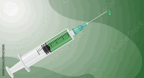 A stylized illustration of a syringe filled with green liquid on green background