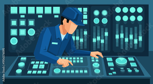 A technician monitoring and adjusting parameters on control panel with display screens inside