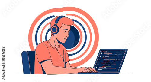 A young developer listening to music while coding on a laptop with a focused expression