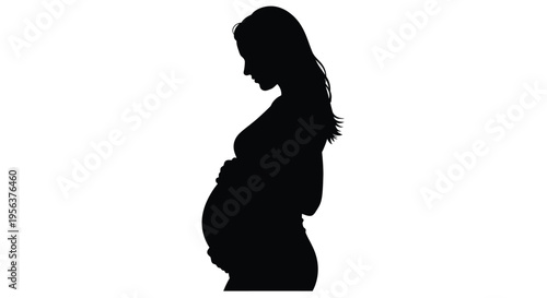 Silhouette of a pregnant woman in profile against a white background