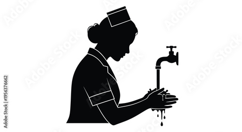 A silhouette of a nurse washing her hands at a faucet