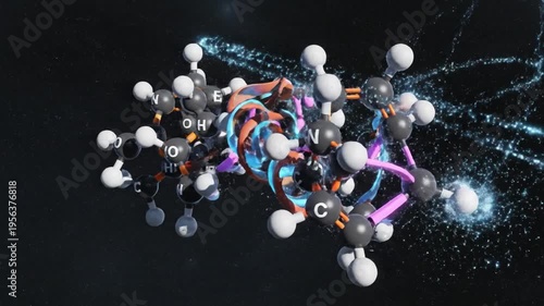 Abstract 3D rendering of a complex molecular structure with orbiting energy trails, representing scientific discovery and advanced chemistry