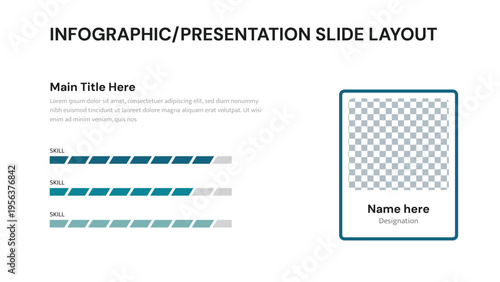 Presentation slide showing skill bars and a team member profile