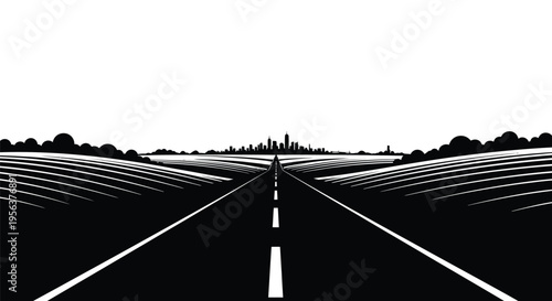 A long straight road leads toward a distant city skyline