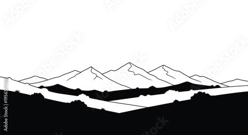 Minimalist black and white illustration of a mountain range landscape
