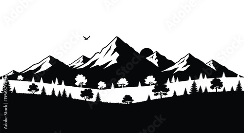 Minimalist black and white landscape featuring mountains trees and a bird