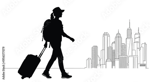 Traveler with rolling luggage walking toward a city skyline