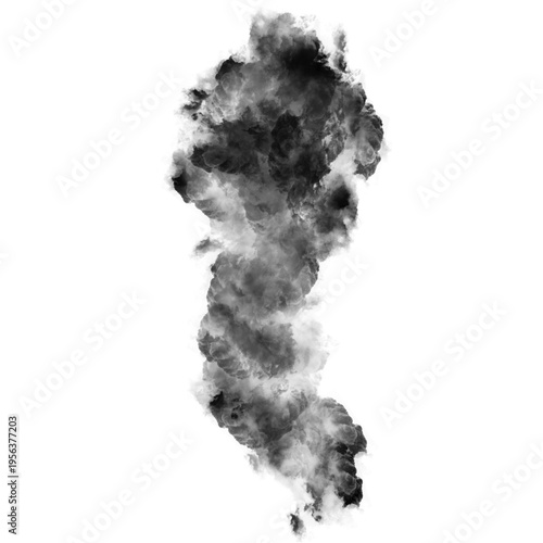Vertical black smoke plume and thick vapor trail isolated on white background