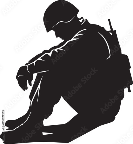 Sad soldier in uniform sitting on ground, looking down silhouette vector illustration