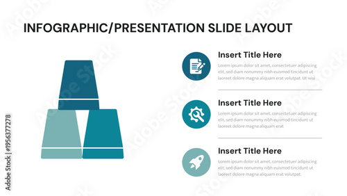 Stacked trapezoid shapes next to three circles with icons and text