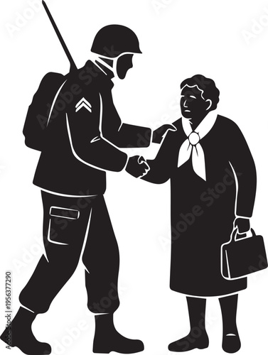 Soldier greeting elderly woman vector silhouette illustration military homecoming scene