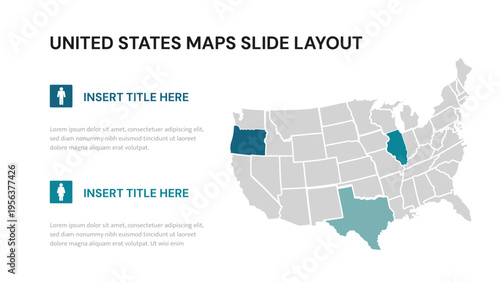 United States map presentation slide layout highlighting specific states for data visualization