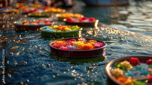 Songkran Water Festival at bangkok riverside lantern festival songkran floating flower bowls water droplets sparkling in sunlight