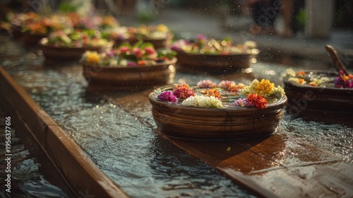Songkran Water Festival at bangkok street festival decorations songkran floating flower bowls water spilling gently over wooden edges