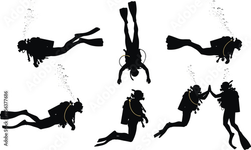 Scuba divers underwater silhouettes illustration, aquatic adventure artwork design, ocean exploration concept, marine life theme, diving activity symbol, water sport graphic style
