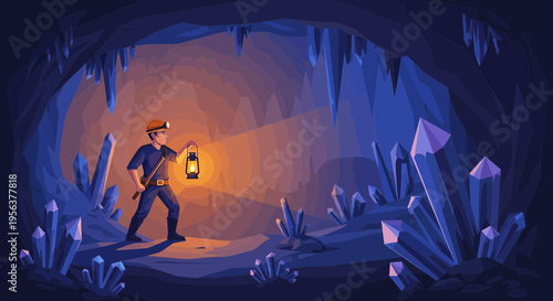 Adventures in the Deep: Cartoon Miner Illuminating a Crystal Cave with Lantern Light