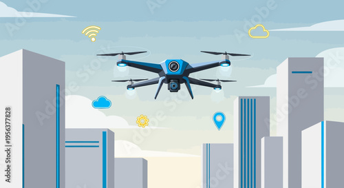 Aerial surveillance with drone technology advancing over modern city landscapes offering