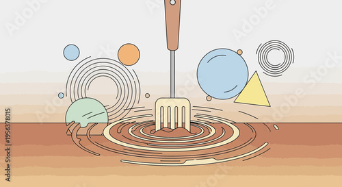 Abstract illustration of a kitchen utensil stirring liquid with geometric shapes floating