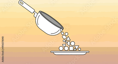 Abstract kitchen still life featuring geometric shapes pouring into a plate conceptual art