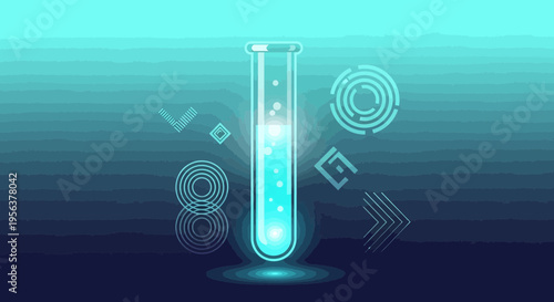 Abstract illustration of laboratory glassware with glowing liquid and geometric shapes symbolizing