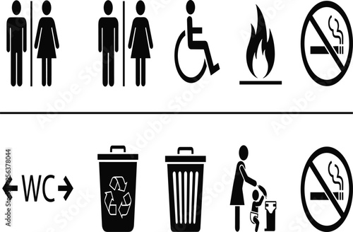 Public service icon set with restroom signs, disabled access, no smoking, fire hazard, recycle bins, baby changing station, and WC directions.