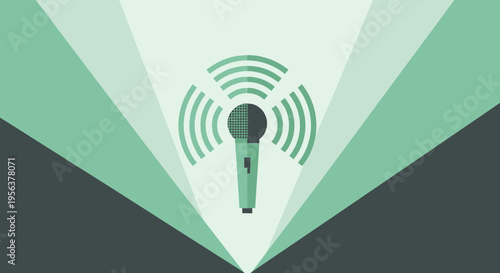 Abstract microphone illustration with radiating waves and geometric background patterns